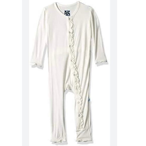 Girl's Solid Bamboo Basic Muffin Ruffle Coverall Snaps Natural KicKee Pants sz3T - Picture 1 of 1